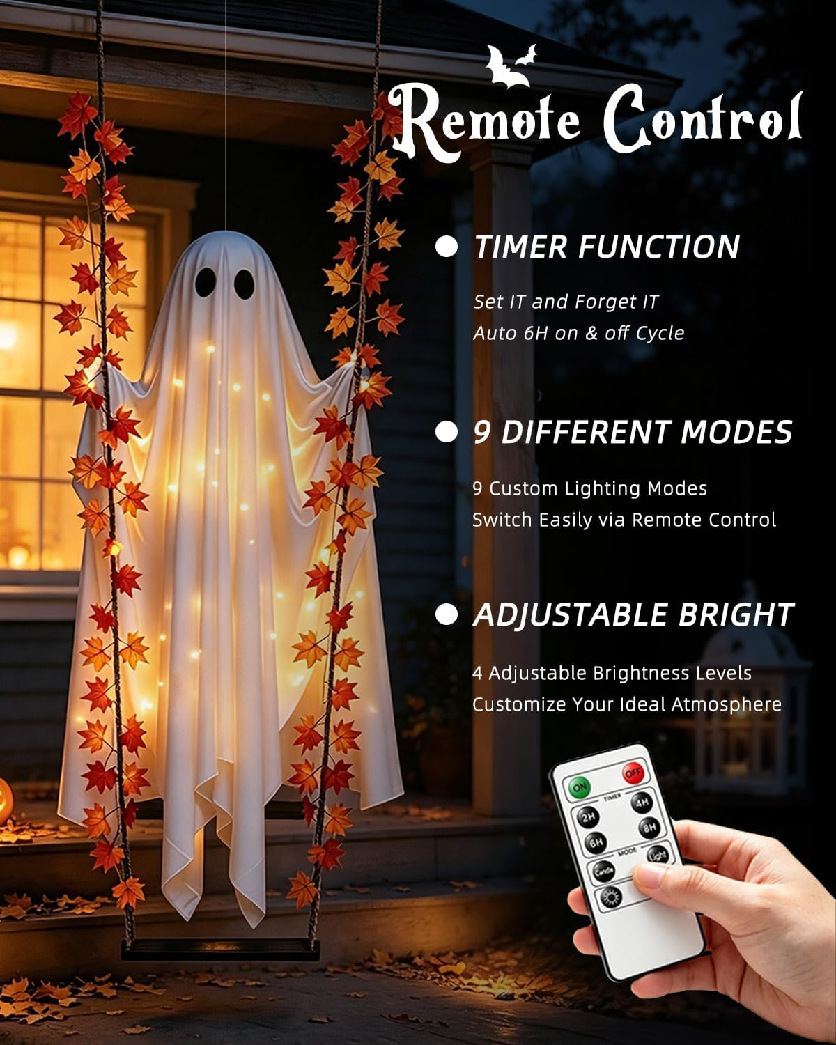 Large 6FT Halloween Swinging Ghost Decoration, Light Up Hanging Ghost | Pre-Assembled Hanging Design, Warm LED Lights Strings with Remote Control & 6H Timer, Outdoor Porch Tree Yard Display : Home & Kitchen
