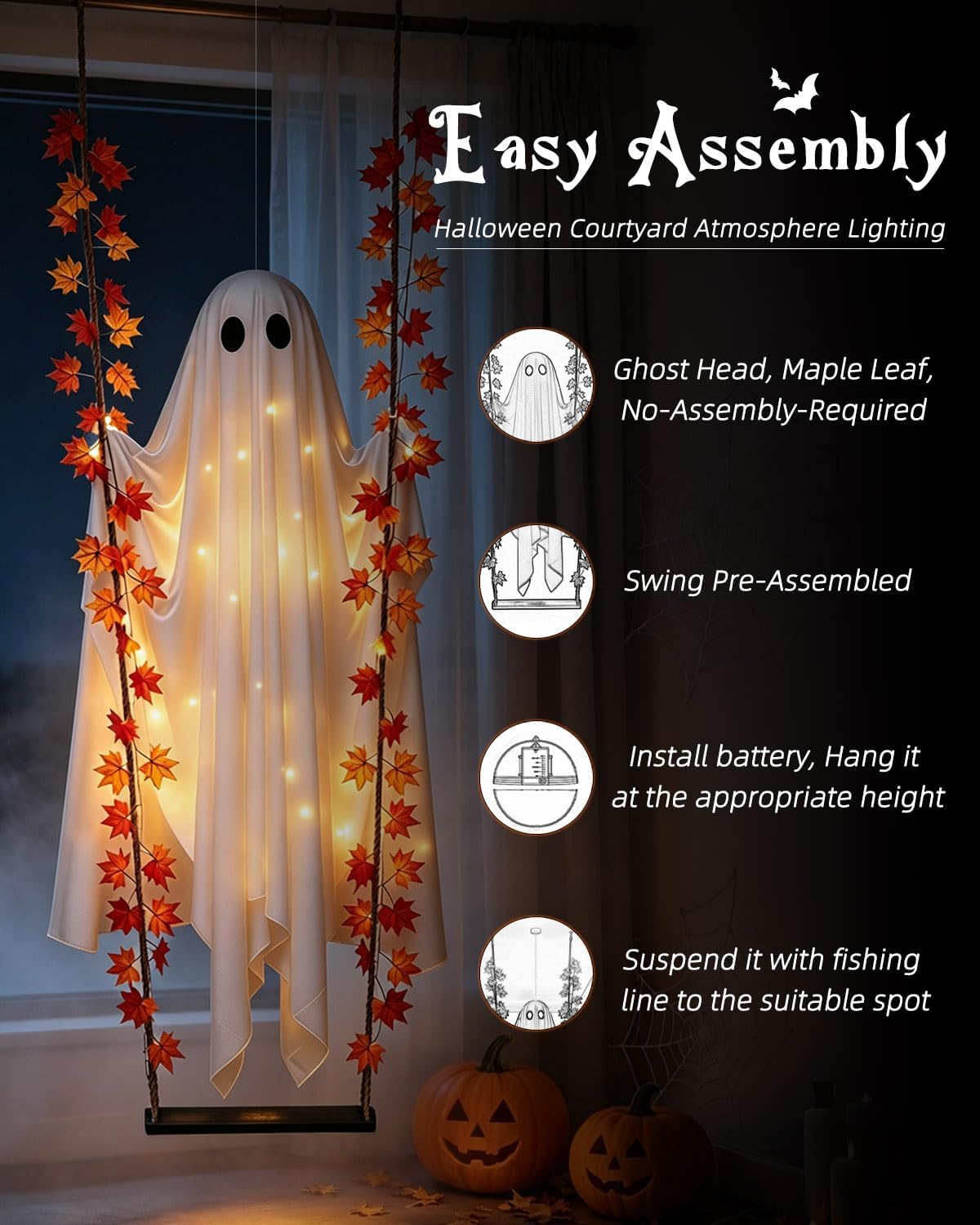 Large 6FT Halloween Swinging Ghost Decoration, Light Up Hanging Ghost | Pre-Assembled Hanging Design, Warm LED Lights Strings with Remote Control & 6H Timer, Outdoor Porch Tree Yard Display : Home & Kitchen