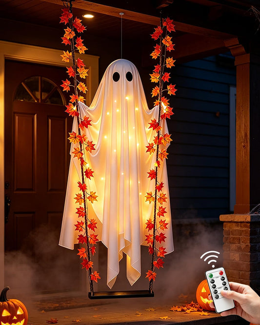Large 6FT Halloween Swinging Ghost Decoration, Light Up Hanging Ghost | Pre-Assembled Hanging Design, Warm LED Lights Strings with Remote Control & 6H Timer, Outdoor Porch Tree Yard Display : Home & Kitchen