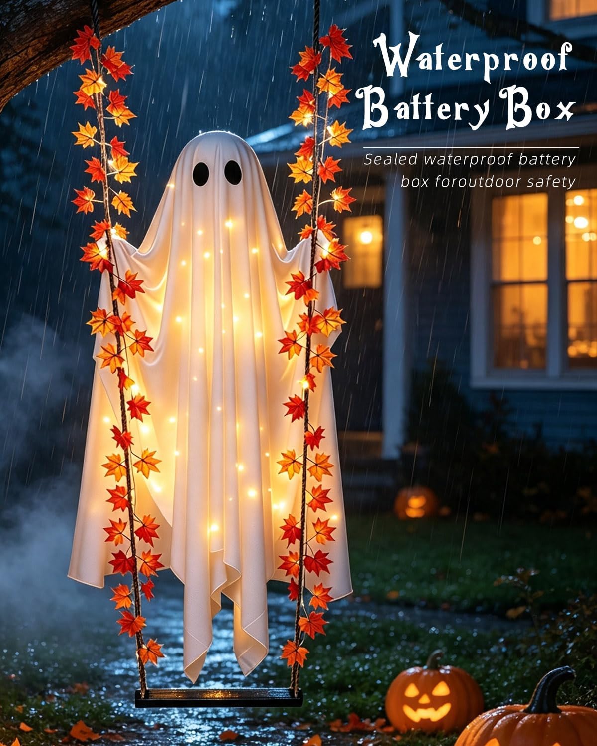 Large 6FT Halloween Swinging Ghost Decoration, Light Up Hanging Ghost | Pre-Assembled Hanging Design, Warm LED Lights Strings with Remote Control & 6H Timer, Outdoor Porch Tree Yard Display : Home & Kitchen